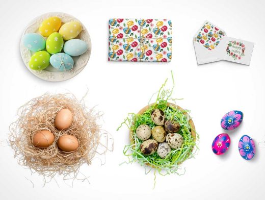 Decorative Easter Egg Nests, Greeting Cards & Flowers PSD Mockup