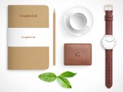 Executive's Stationery Bundle Includes Watch, Notebook & Notepad PSD Mockup