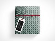 Gift Wrapped Box, Red Bow & Tag Label PSD Mockup