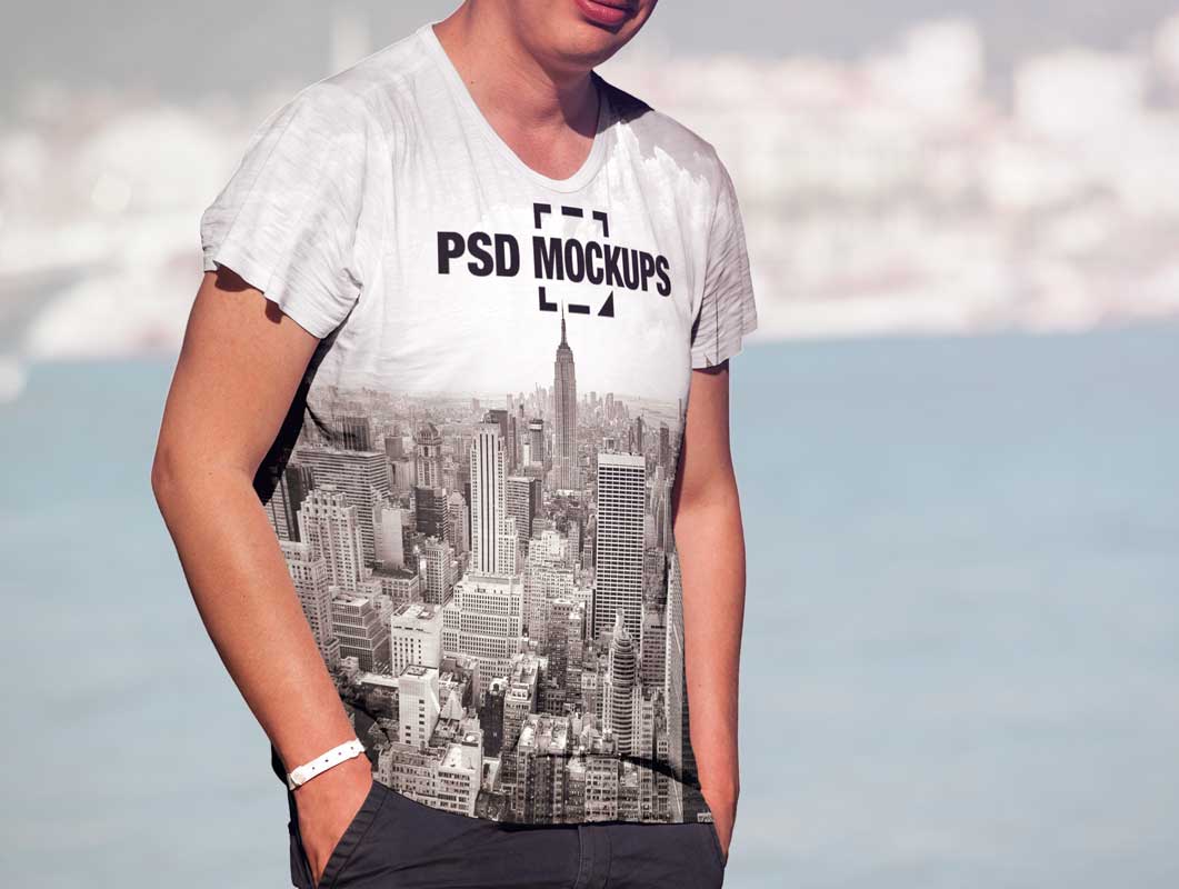 Men's Round Neck Cotton T-Shirt Front & Back PSD Mockup