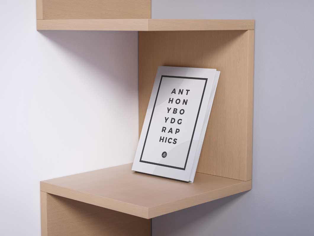 Modern Wooden Bookshelf & Hardcover Book PSD Mockup