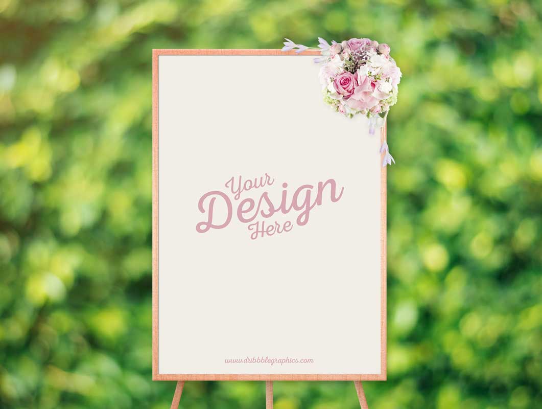Event Poster Display Stand & Flowers PSD Mockup