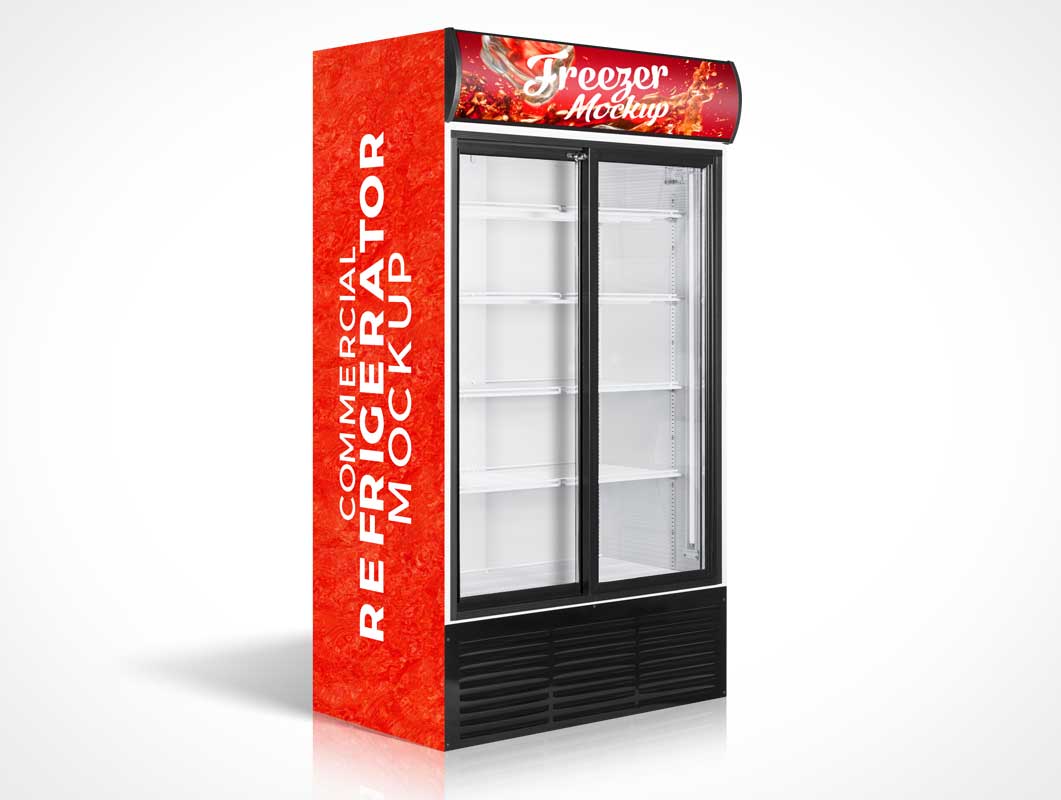 Standing Commercial Refrigerator With Sliding Glass Doors PSD Mockup