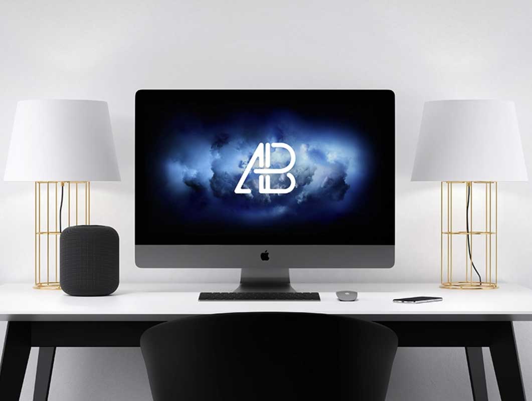 iMac Pro Workstation, Keyboard, Speaker & Lamps PSD Mockup