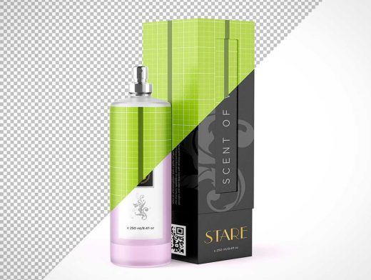 Rectangular Perfume Spray Bottle & Box Packaging PSD Mockup