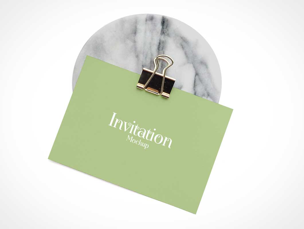 Invitation Card & Binder Clip On Marble Slab PSD Mockup