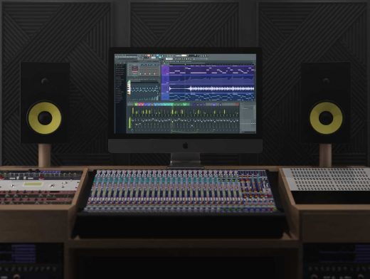 Music Studio Workstation, Sound Mixing Board & Speakers PSD Mockup