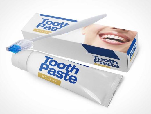 Toothbrush, Toothpaste Tube & Packaging PSD Mockup