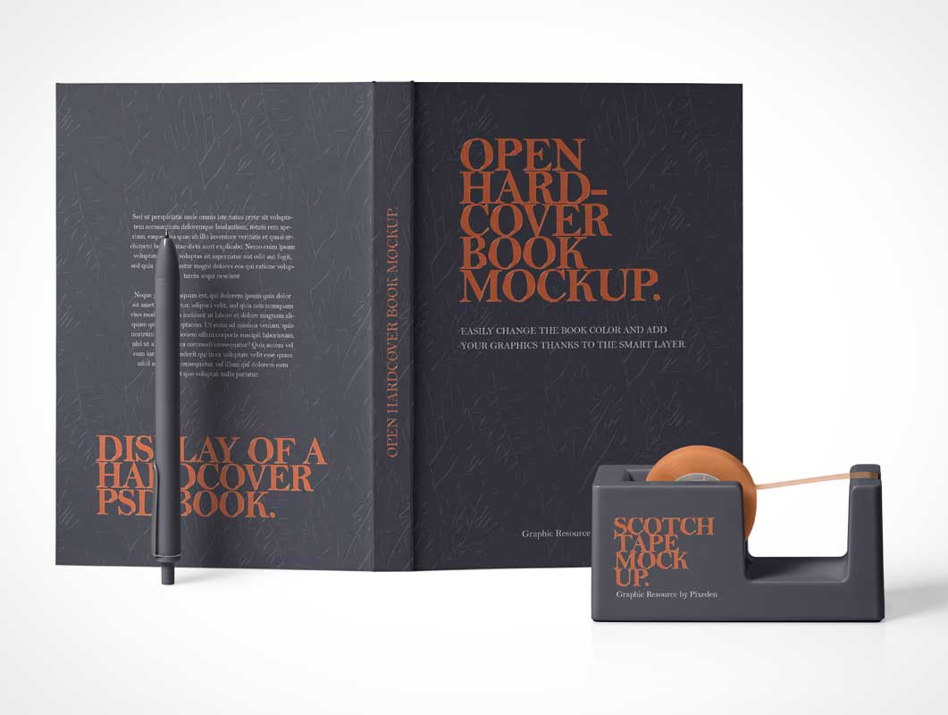 Hardcover Book Exterior, Pen Stylus & Tape Dispenser PSD Mockup