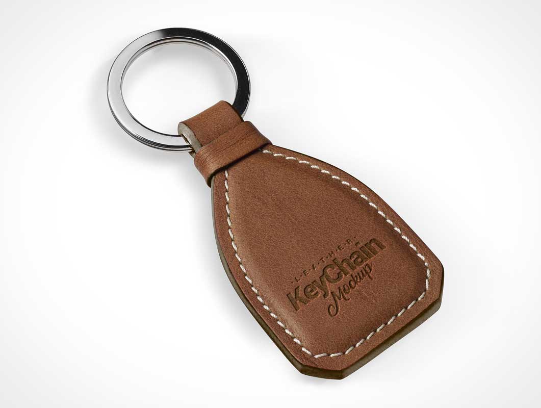 Stitched Leather Keychain & Metal Ring PSD Mockup