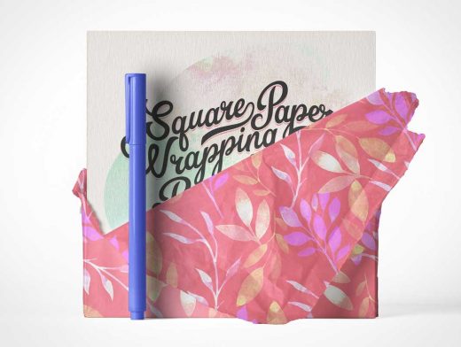 Paper Wrapped Square Invitation Card & Pen Stylus PSD Mockup