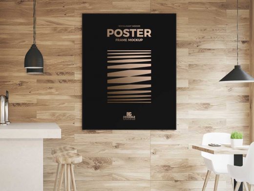 Framed Poster in Wood Panelled Restaurant PSD Mockup