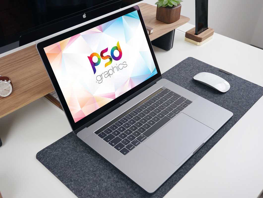 MacBook Pro Laptop Office Workspace & Mouse PSD Mockup