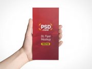 DL Envelope Size Flyer Held in Hand PSD Mockup