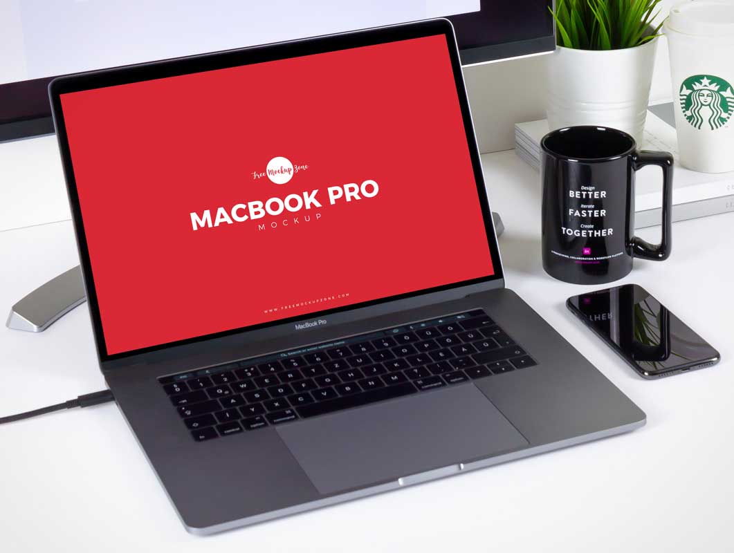 Macbook Workstation, iPhone & Mug PSD Mockup