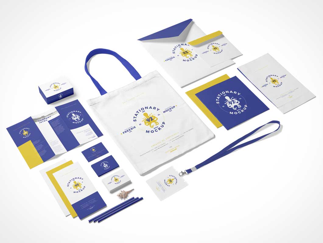 Business Stationery Brochure, Event Pass, Envelopes & Bag PSD Mockup