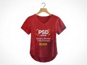 Woman's V-Neck Cotton T-Shirt & Hanger PSD Mockup