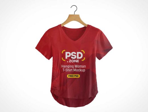 Woman's V-Neck Cotton T-Shirt & Hanger PSD Mockup