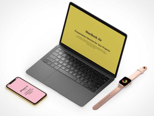 iWatch, iPhone & MacBook Mobile Office PSD Mockup