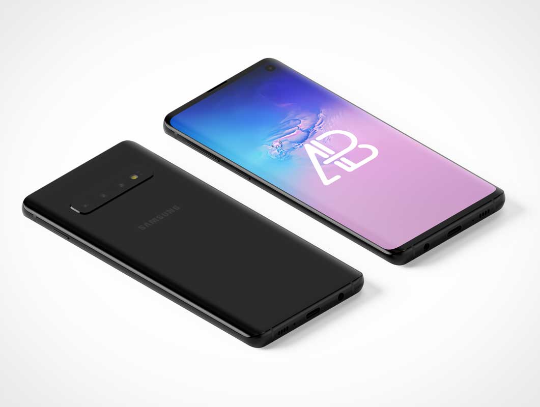 Isometric Samsung Galaxy S10 Front Screen & Back Cameras PSD Mockup