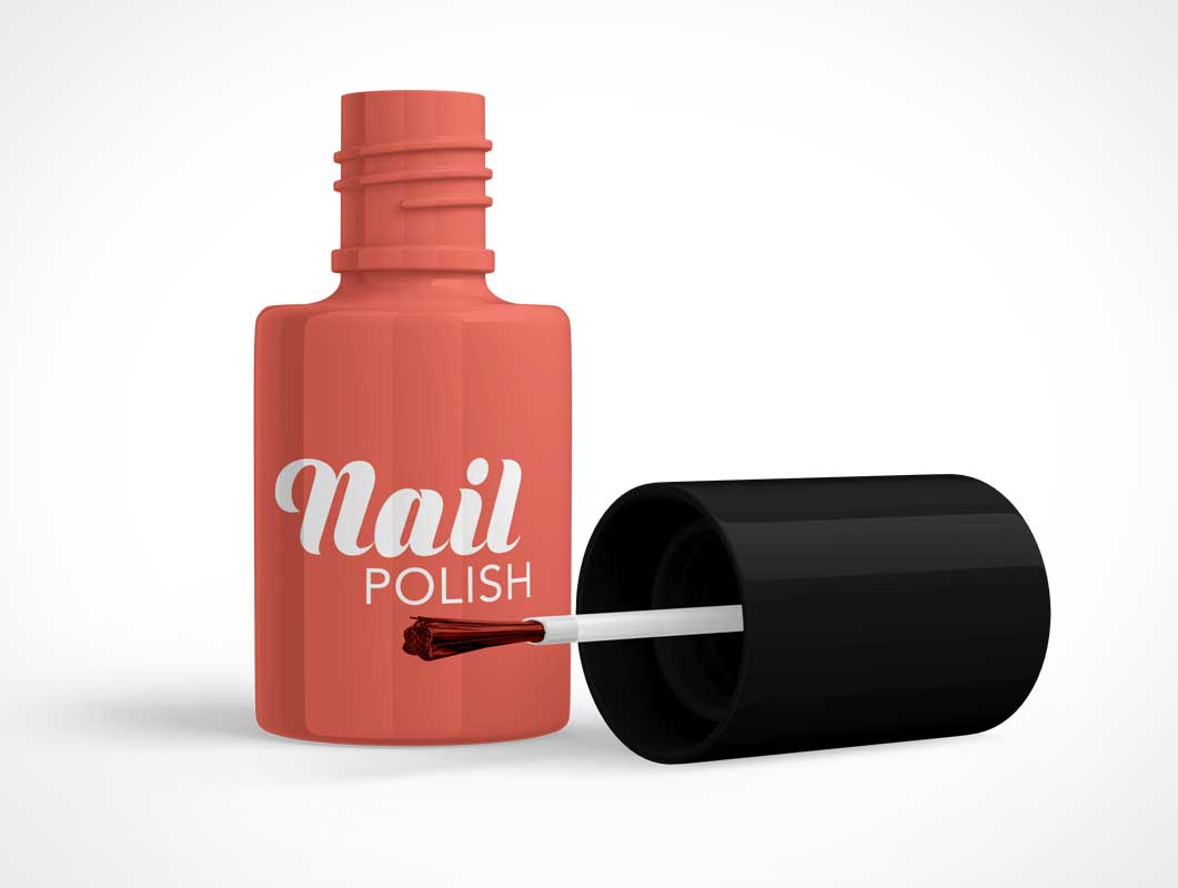 Cosmetics Nail Polish Bottle & Applicator Brush PSD Mockup