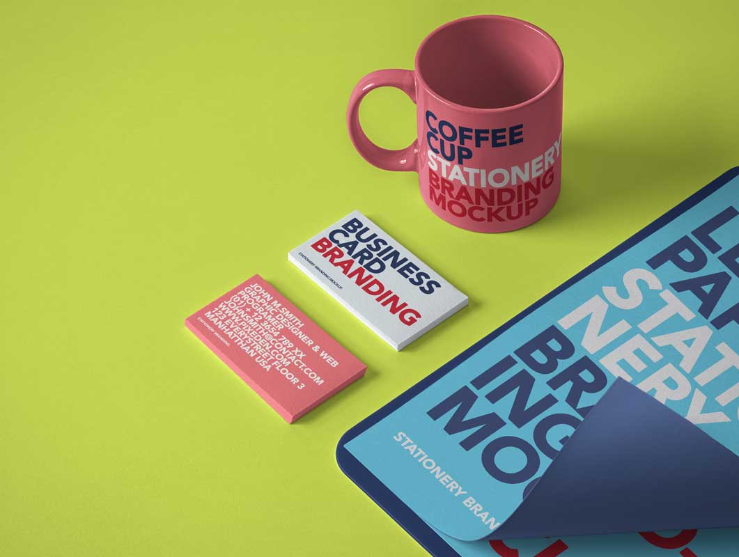 Stationery Paper, Business Cards & Ceramic Mug PSD Mockup