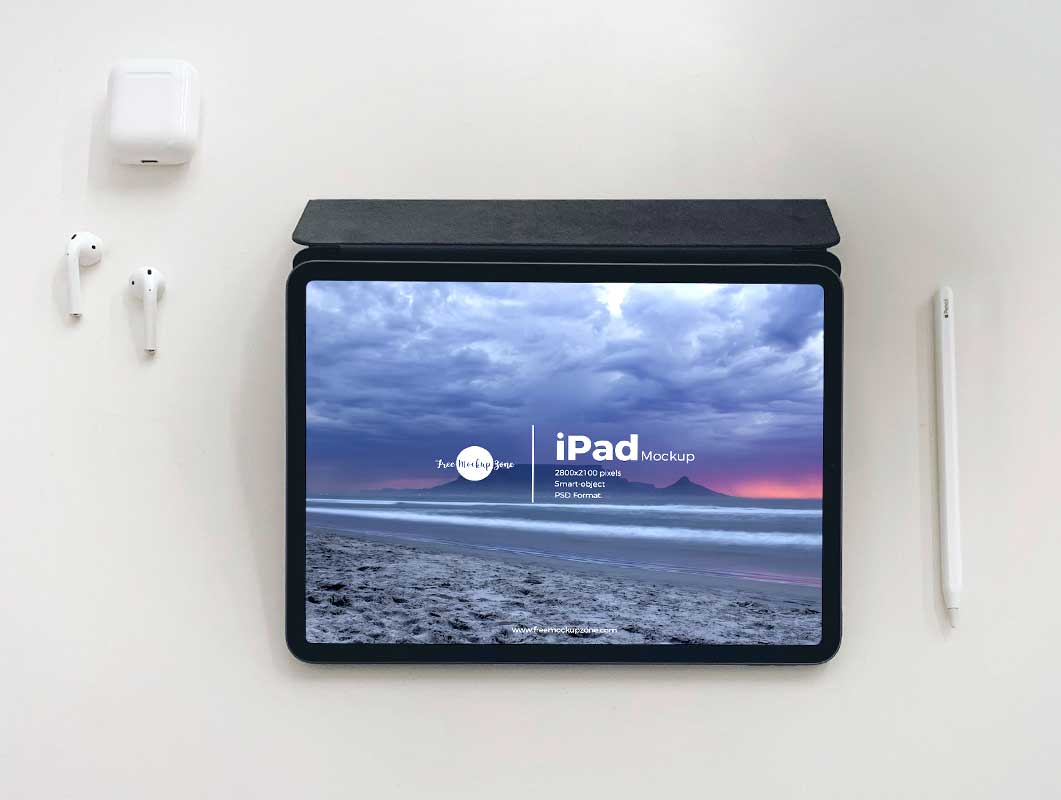 iPad Pro, Stylus & Headphone Ear Buds PSD Mockup