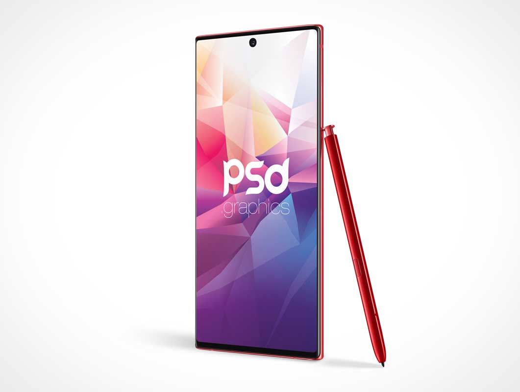 Samsung Galaxy Note 10 Android Smartphone & Stylus PSD Mockup