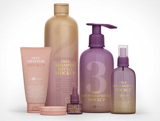Cosmetics Shampoo, Pump Lotion & Spray Bottle PSD Mockup