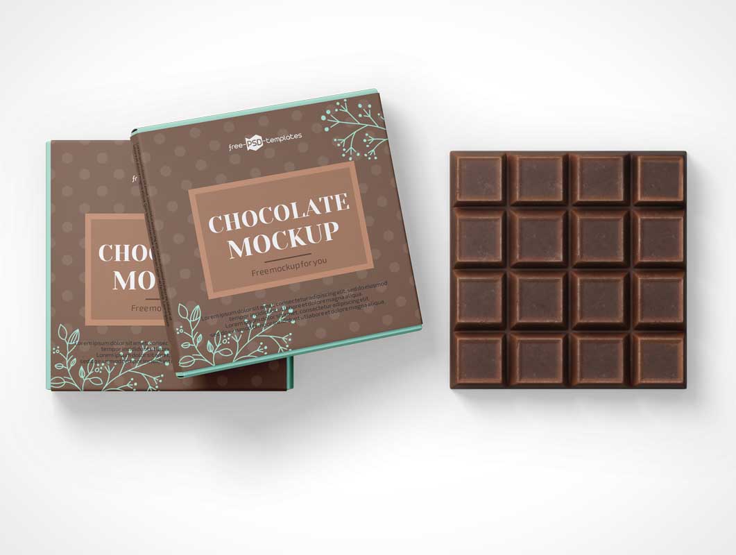 Square Chocolate Bar Snack & Box Packaging PSD Mockup