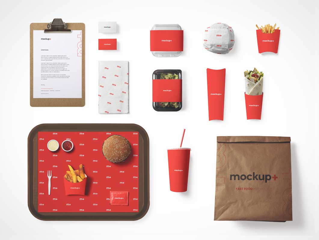 Fast Food Packaging, Bag, Tray & Clipboard PSD Mockup