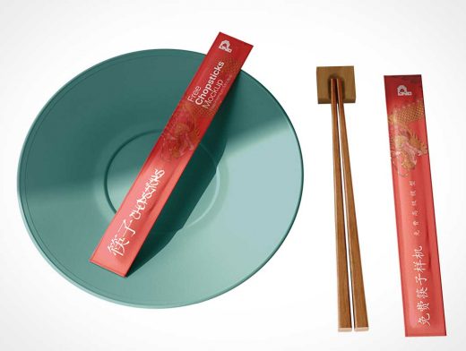 Wood Chopstick Paper Packaging PSD Mockup