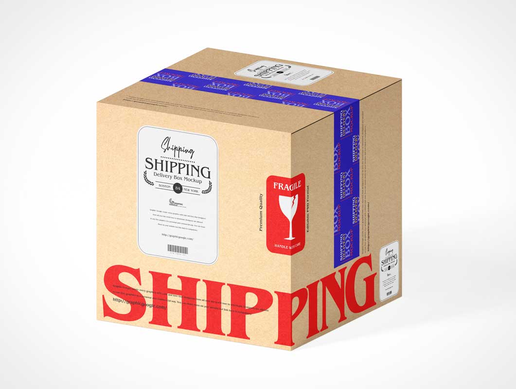 Cardboard Square Shipping Box PSD Mockups
